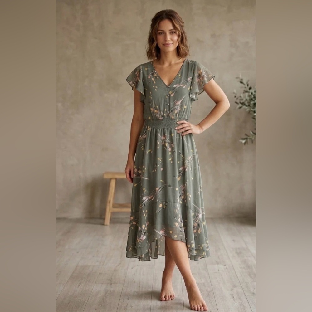 White House Black Market Sage Green Floral V-Neck Midi Dress